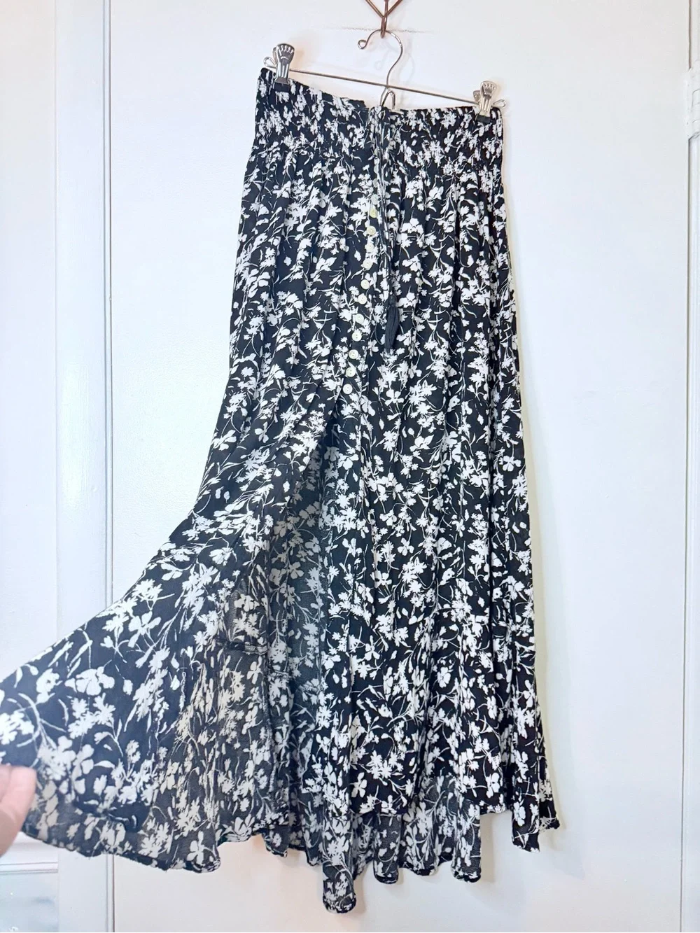 Rachel Zoe Boho Maxi Skirt  S Black Floral Smocked Waist  Button Up Cottagecore